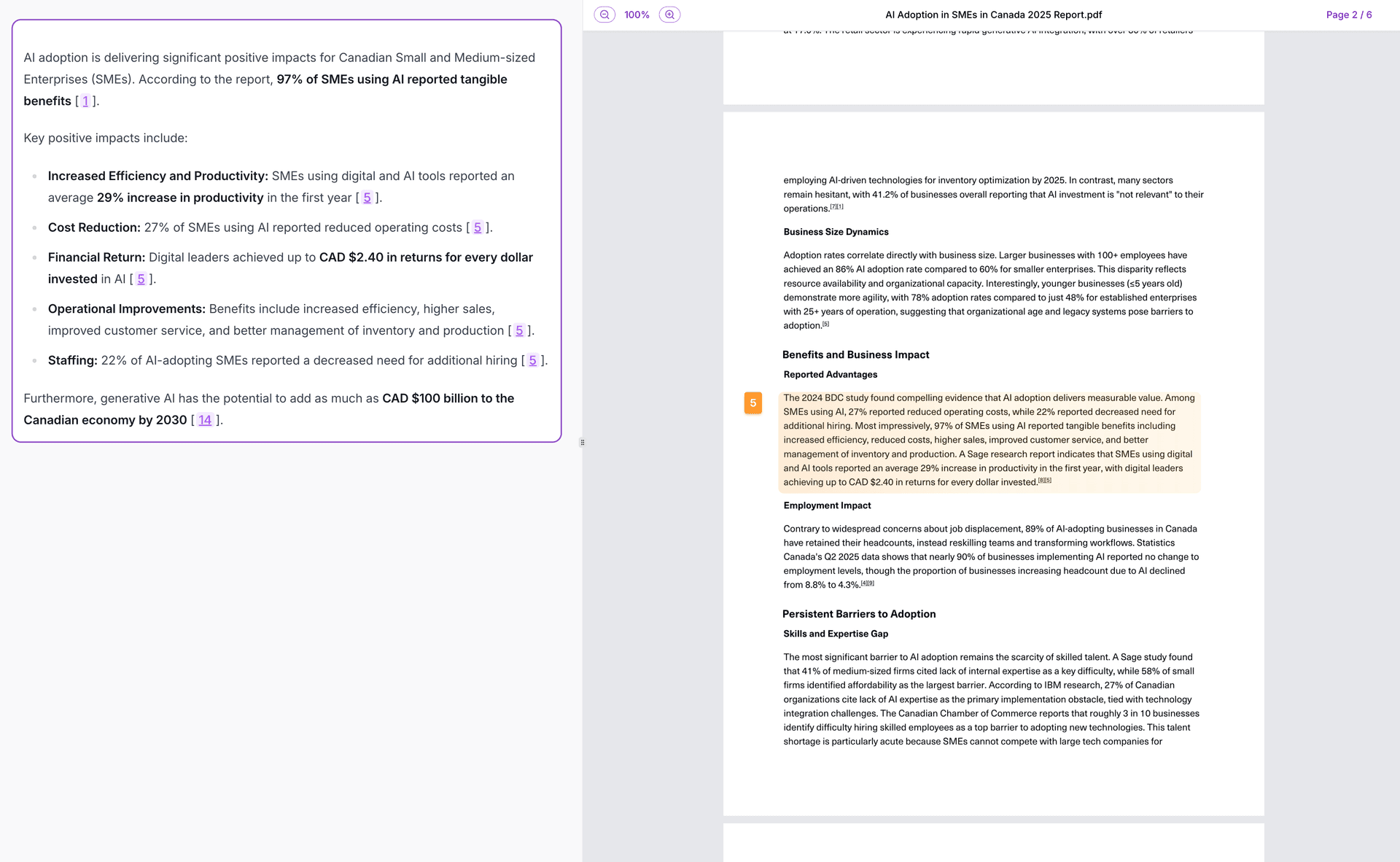 Zetane Retrieval Agent showing source citations